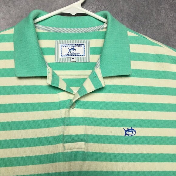 Southern Tide Mens Striped Polo Shirt size Medium Short Sleeve Mint Green White - Picture 1 of 14